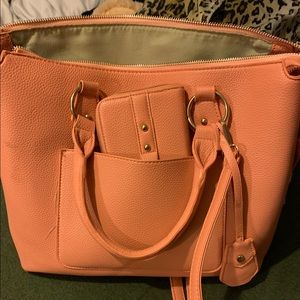 Large coral tote purse with matching wallet